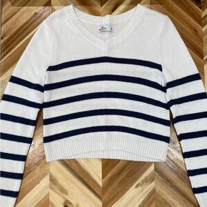 Hollister V-Neck Sweater - Cream and Navy Stripes